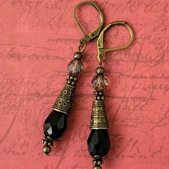 Black Smokey Crystal Teardrop Earrings, Etched Bronze Cone Lever Back Ear wires - Picture 5 of 8